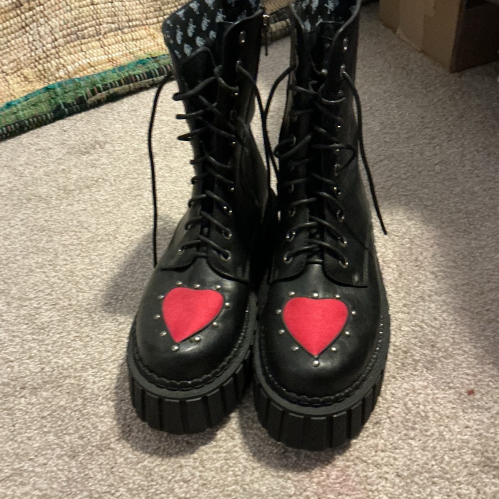 Edgy Black Combat Boots with Red Heart Design
